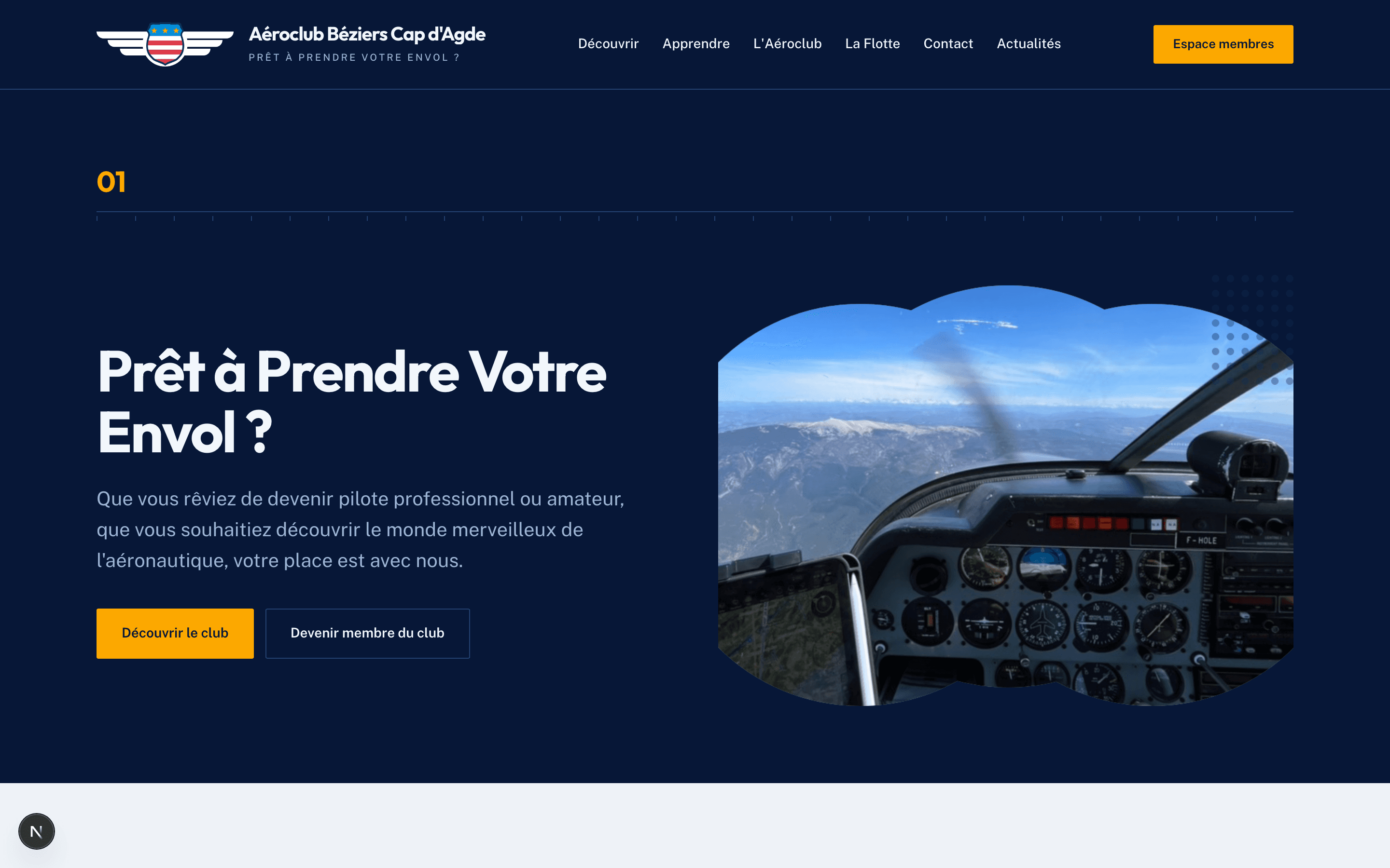Site public de l'Aéroclub Béziers Cap d'Agde — thème organique, hero photo, navigation complète